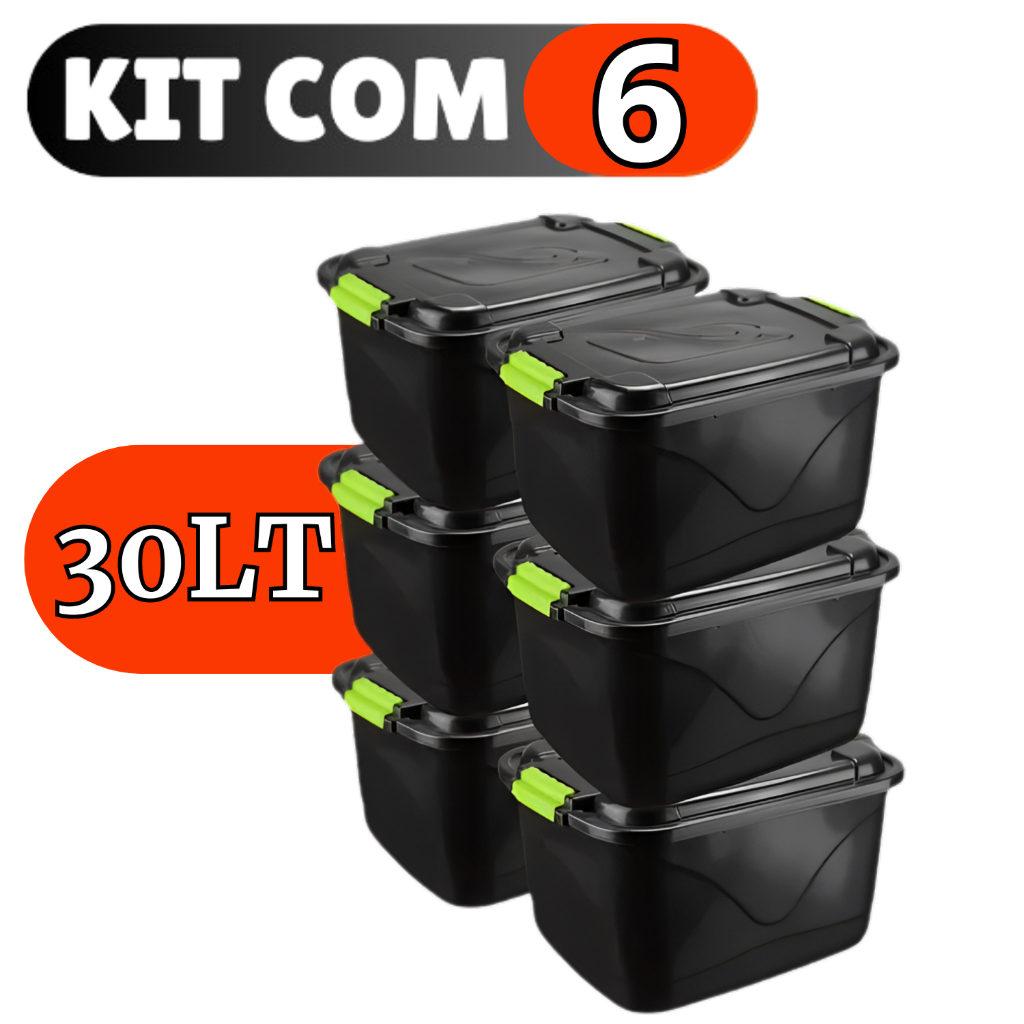 Kit 6 Caixas Organizadoras 30l Grande C/Tampa e Trava Organizador para Brinquedos Multiuso