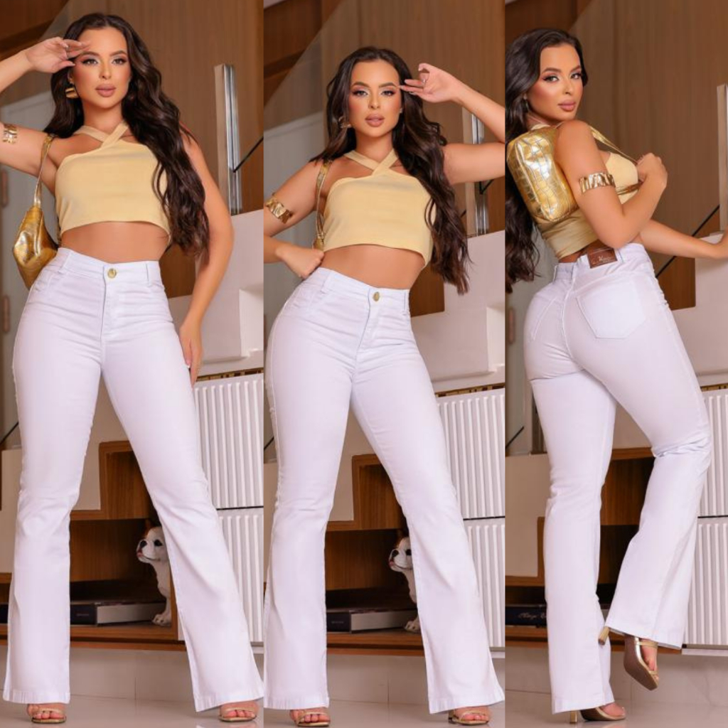Calça Flare Jeans Feminina Branca Cos Alto com Elastano