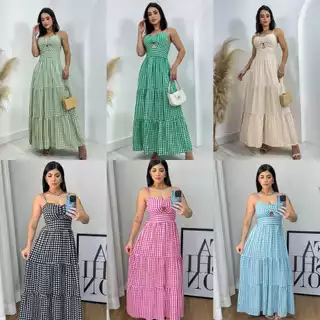 Vestido Longo de Alçinha Com Bojo Estampa Xadrez no Tecido Viscolinho