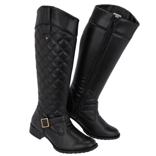 Bota Montaria Feminina Salto Baixo Ziper Lateral Cano Alto Matelasse