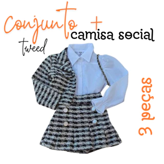 CONJUNTO TWEED INFANTIL MENINA MODA BLOGUEIRINHA+CAMISA -3 PÇS