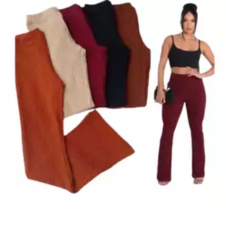 CALÇA FLARE FEMININA TECIDO BUBBLE CINTURA ALTA COM BOLÇO TRASEIRA