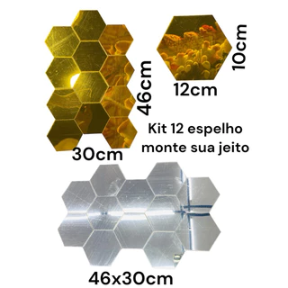 Espelho Hexagonal Dourado Decorativo Em Acrílico KIT COM 12 Peças medindo 12 cm x 10,5 cm