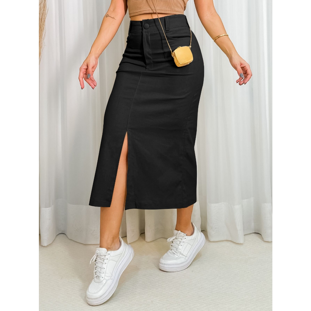 Saia Feminina Saia Midi Justa Com Fenda EMILI Saia Midi Em Linho