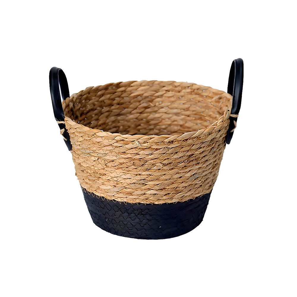Cesto de Fibra Natural Preto C/ Alça Pequeno Ø24x18cm p/ Organização Decoração