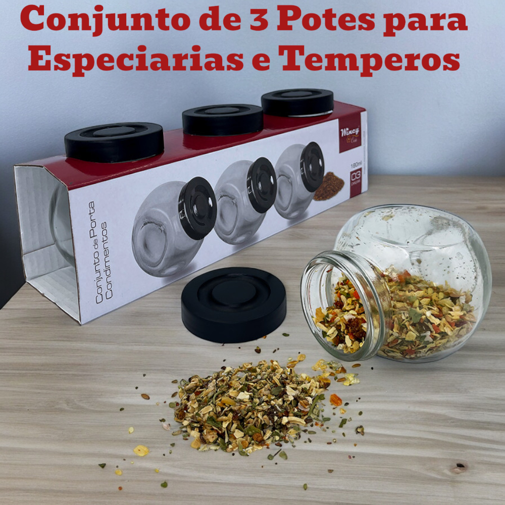 Porta Condimentos Temperos e Especiarias Conjunto de 3 Potes com Tampa Cor Preto