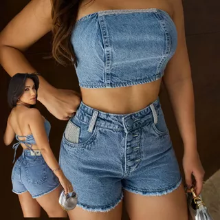 Conjunto Jeans Cropped Top Short Manta Prata Brilho Cintura Alta Premium Sem Laicra