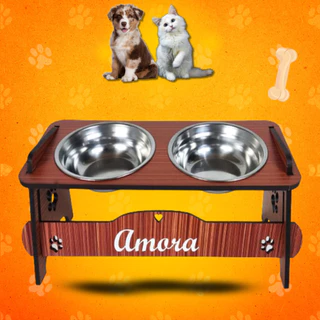Comedouro PERSONALIZADO Pet Com TAMPAS Inclinável Cão e Gato Potes Inox