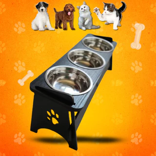 Comedouro Triplo Elevado Com TAMPAS Para Cães e Gatos + Tigelas Inox