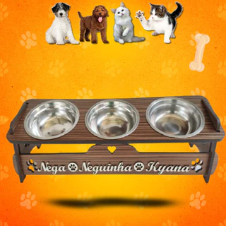 Comedouro Personalizado Triplo Elevado Com TAMPAS Para Cães/Gatos + Tigelas Inox