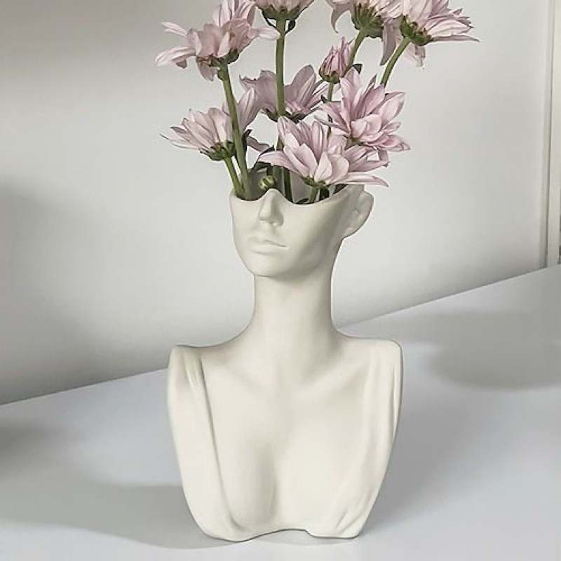Vaso Decorativo In Ceramica A Forma Di Donna – Busto Femminile Bianco – 18,5 Cm Per Erba Della Pampa