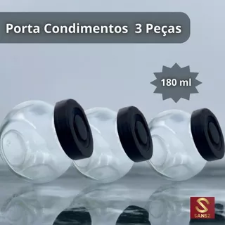 Kit Porta Condimentos Porta Temperos de Vidro Reforçado Preto com 3 Unidades - 180ml