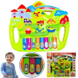 PIANINHO musical infantil com luz SOM DOS TRANSPORTES CARRO MOTO HELICOPTERO BOMBEIRO 15 TECLAS 26cm