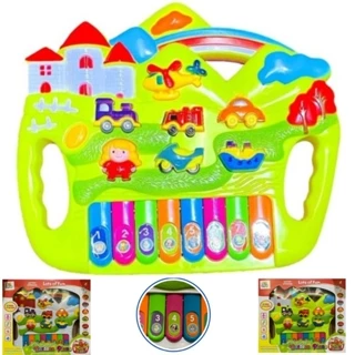 KIT 2 PIANINHO musical infantil luz SOM DOS TRANSPORTES CARRO MOTO HELICOPTERO BOMBEIRO 26cm