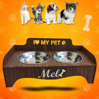 Comedouro Duplo Personalizado Pet Ergonômico Tigelas Inox Cão e Gato