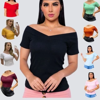 Blusa Blusinha Feminina Manga Curta Ombro a Ombro Camiseta Casual Multiuso Moda Feminino Promoção