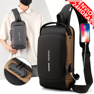 Bolsa Masculina Pochete Transversal Cadeado Ombro Impermeável Tecido Liso Antifurto Bolsa de Peito