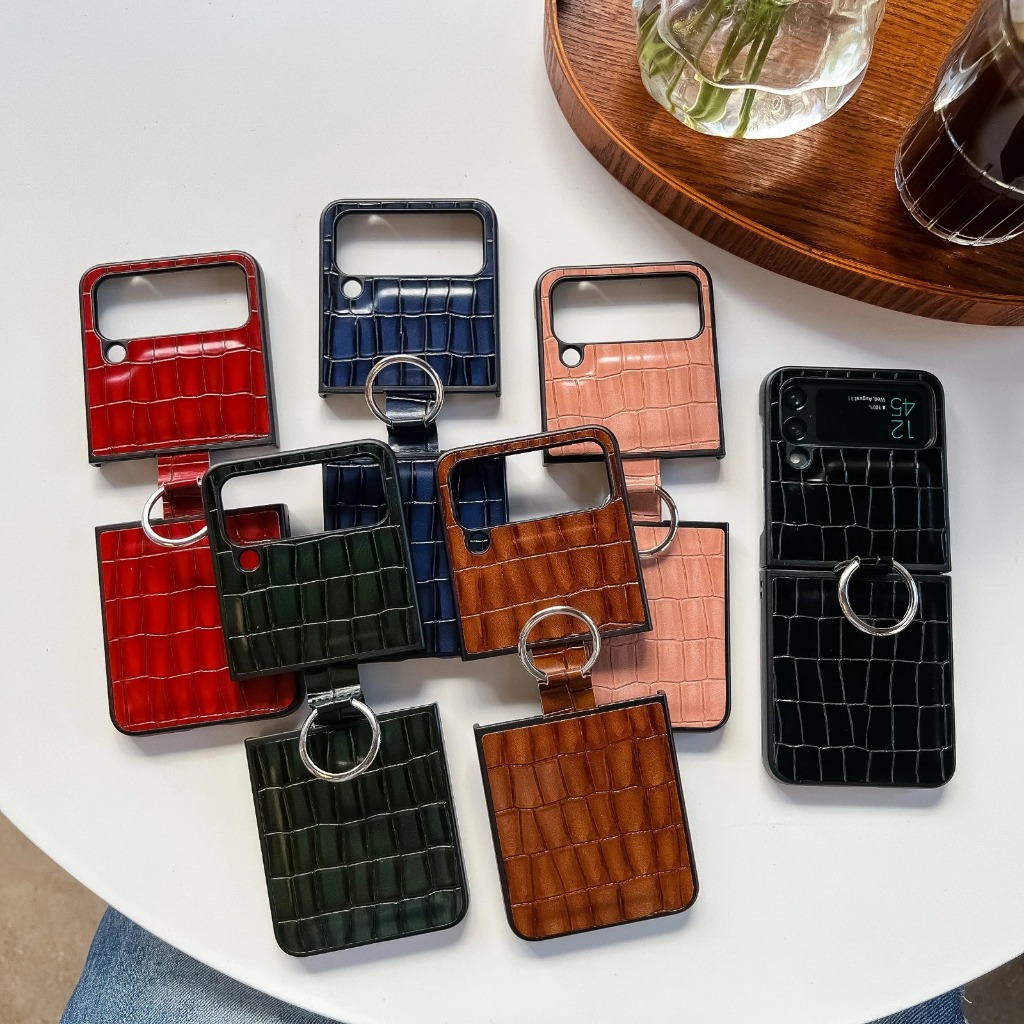 Capinha Capa Para Z Flip 3 Silicone Case Suporte Anel Efeito Couro Crocodilo Protetora Premiun Luxo