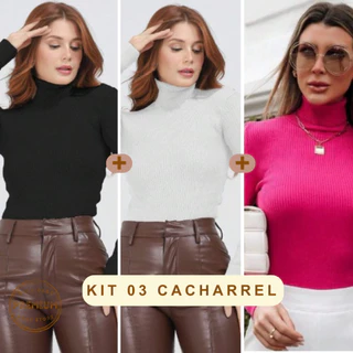 Kit 03 Blusa Cacharrel Tricot Básica Feminina Tricô Lançamento Gola Alta Manga Longa Lã Térmica