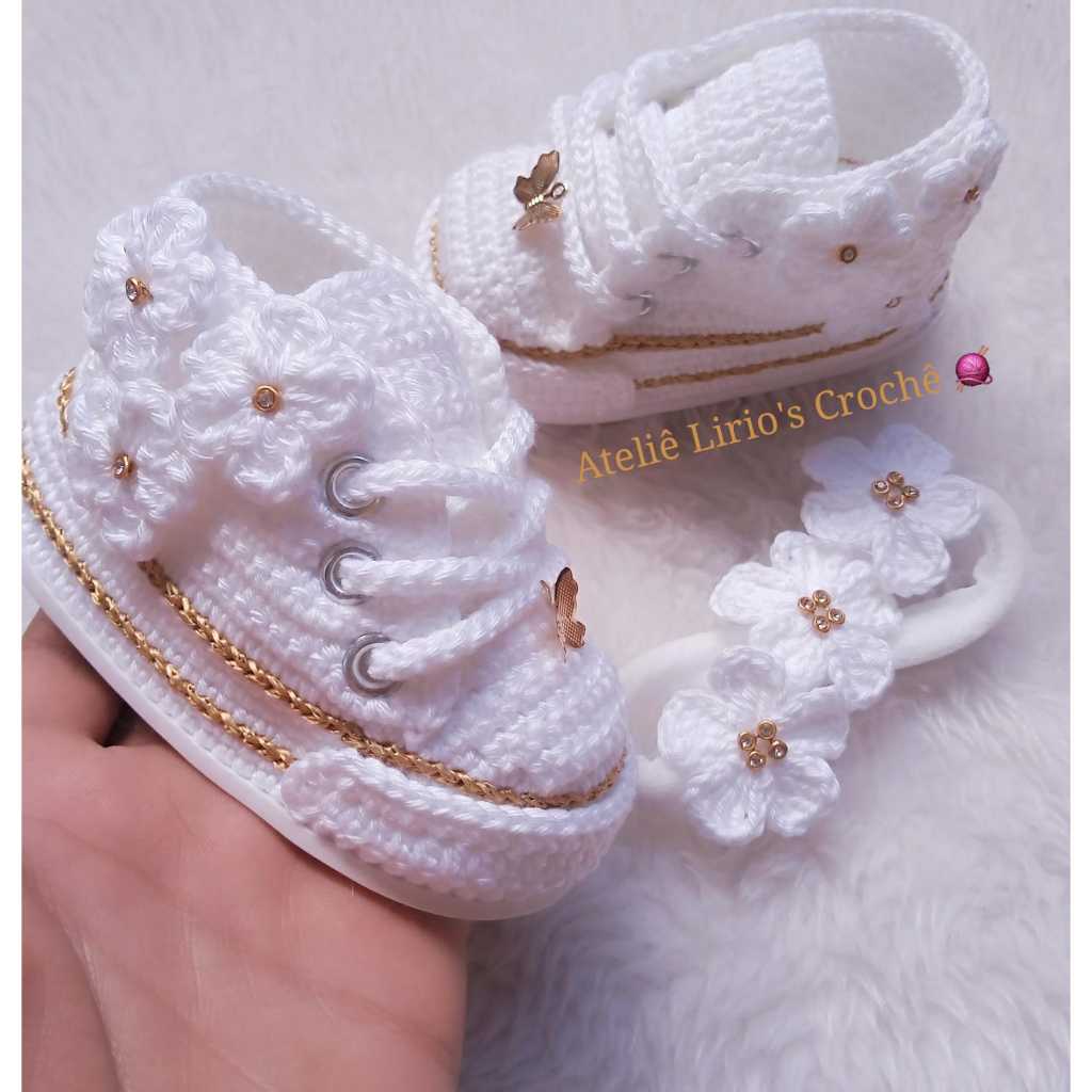 Tênis de bebê com Tiara flores Sapatinho de Crochê Shopee Brasil