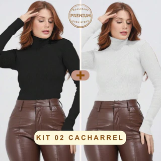 kit 02 Blusa Feminina Cacharrel Tricô Básica Suéter Gola Alta Manga Longa Tricot Cores Inverno Frio