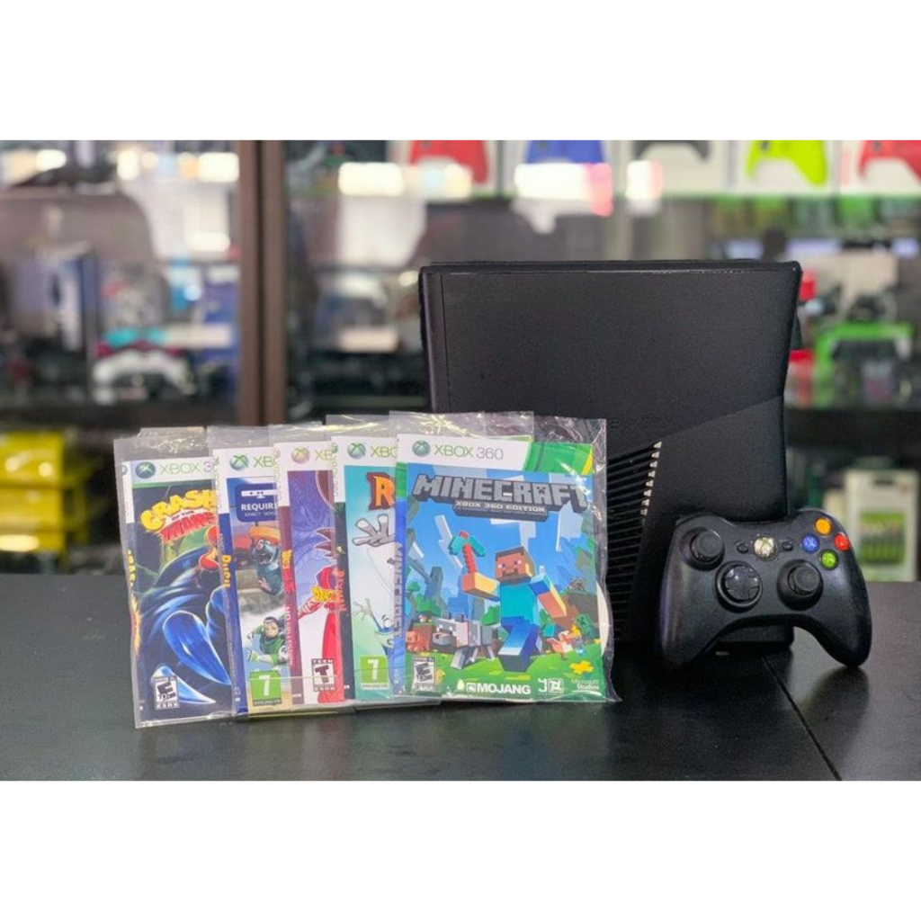 Xbox 360 Slim 04Gb LT preto// 01 Controle com Fio/05 Jogos em Midia Física a escolha