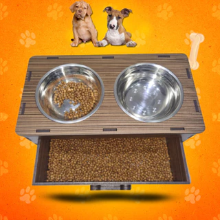 Comedouro Pet Com Gaveta Para Guardar Ração + Tigelas Inox