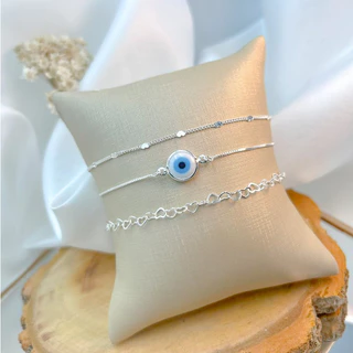 KIT 3 Pulseira prata 925 Feminina Olho Grego +Pulseira Riviera Cristal Zircônia + Pulseira Com Coração banhado a prata 925