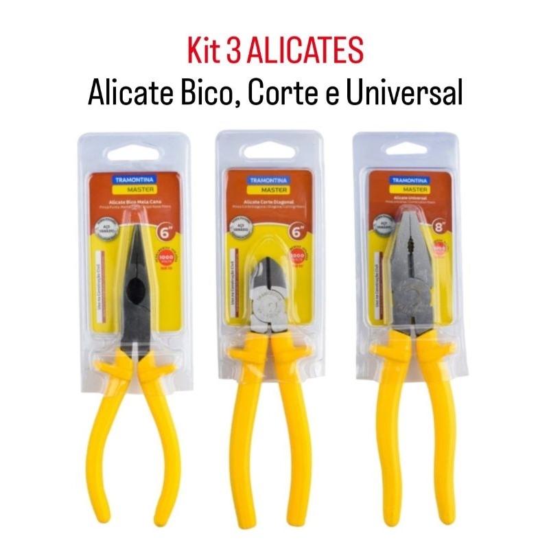 Kit com 3 Alicates Tramontina, Alicate Bico 6", Alicate Corte 6" e Alicate Universal 8" (opção de comprar individual também)