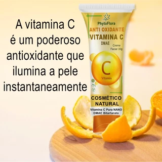 Creme Facial com Vitamina C Pura Antioxidante, Clareador e Dmae Firmador- Creme facial para todos os tipos de pele - 30g