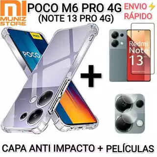 Kit Poco M6 Pro 4G/Redmi Note 13 Pro 4G Case Anti Impacto + Frontal 3D e Películas Câmera Cerâmica