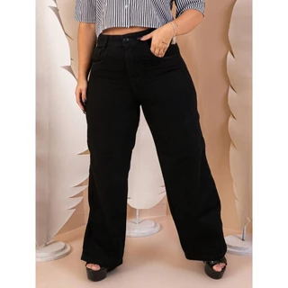 CALÇA JEANS WIDE LEG PLUS SIZE WID LEG PANTALONA PRETA