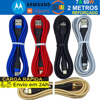 Cabo Tipo C Rápido 2 Metros para Samsung Xiaomi e Iphone 15 Reforçado