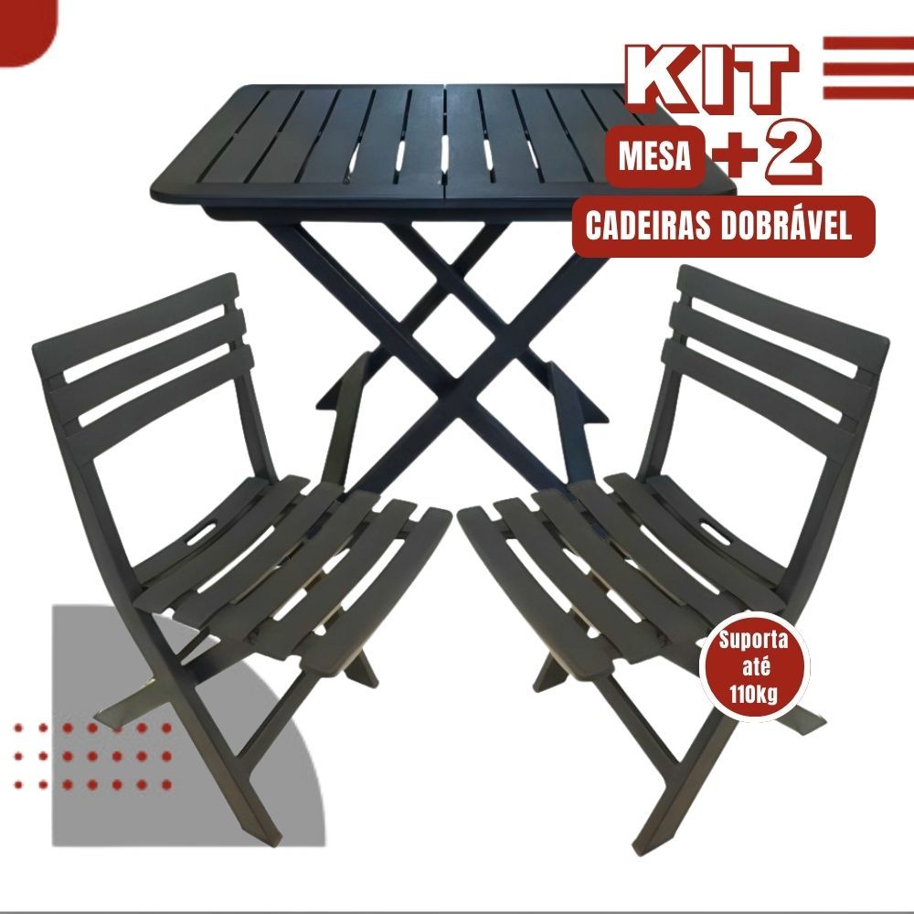 Kit Mesa Quadrada + 2 Cadeiras De Plástico Dobrável Multiuso Casa Área Gourmet