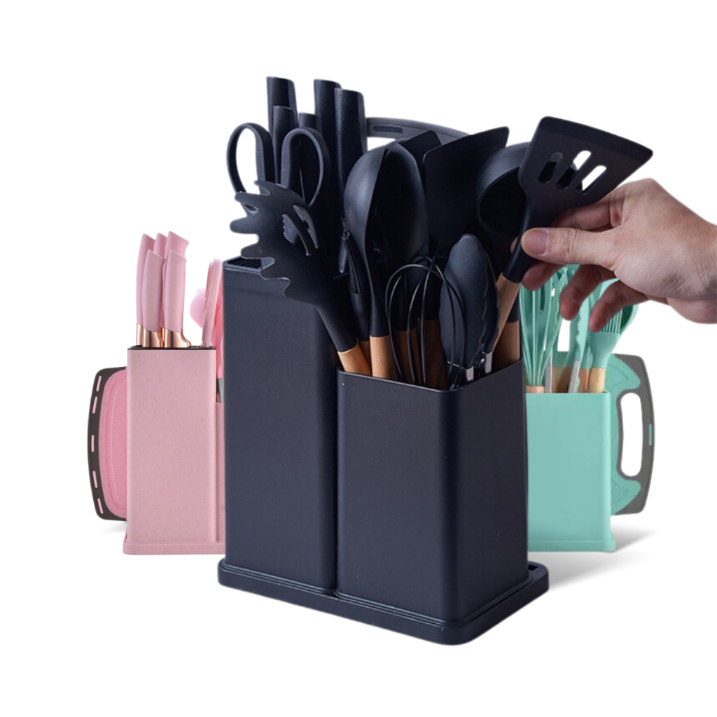 Kit Completo Jogo Utensílios de Cozinha Luxo 19 Peças Com Tábua em Silicone Espátula Faca Tesoura