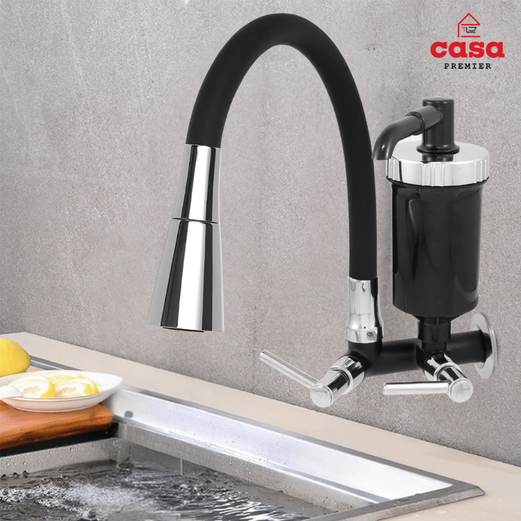 Torneira Cozinha Parede Com Filtro ABS Flexível Dupla Função Chuveirinho Preto Cromado Gourmet Metal