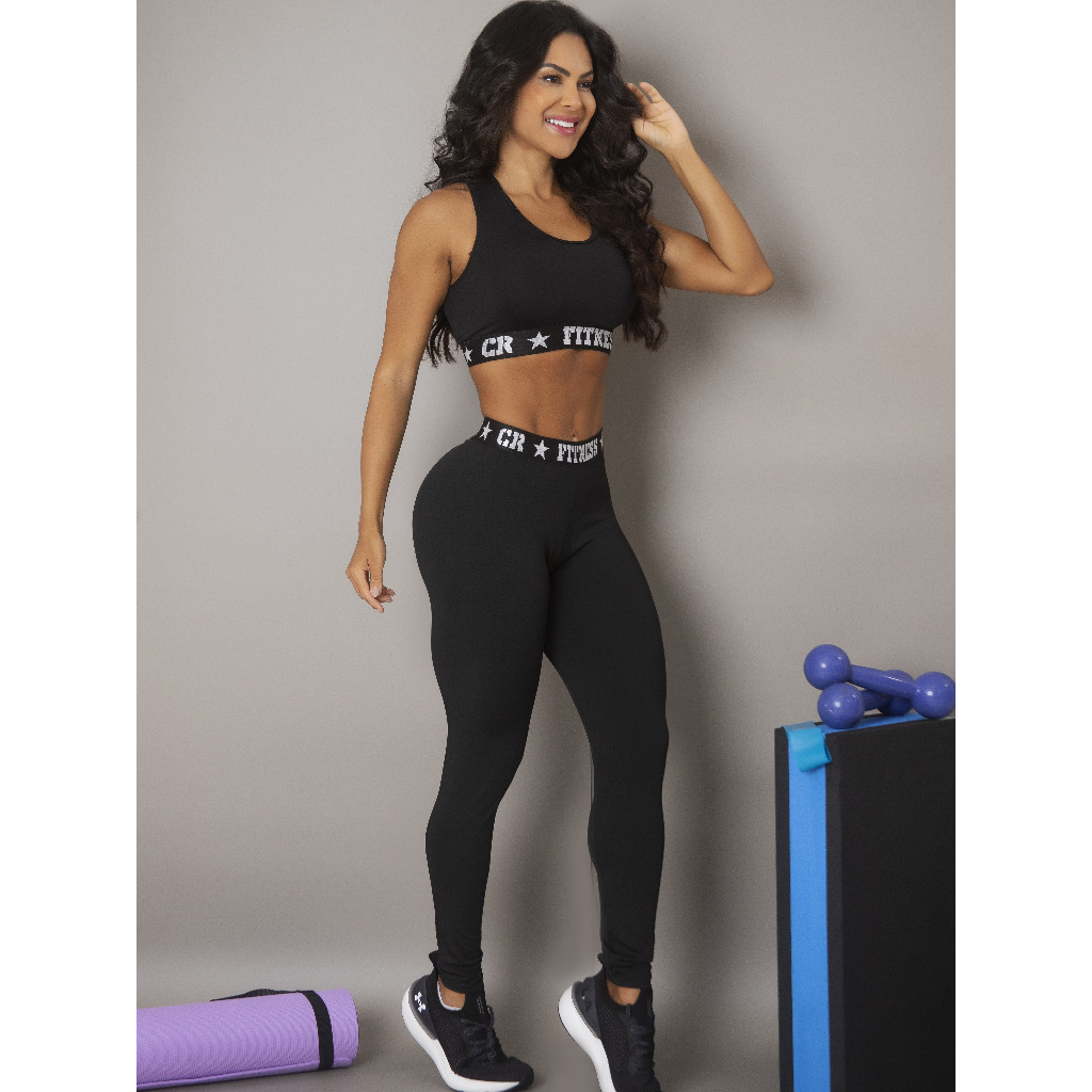 Conjunto Academia Topper e Legging Elastico Exposto Cintura Alta