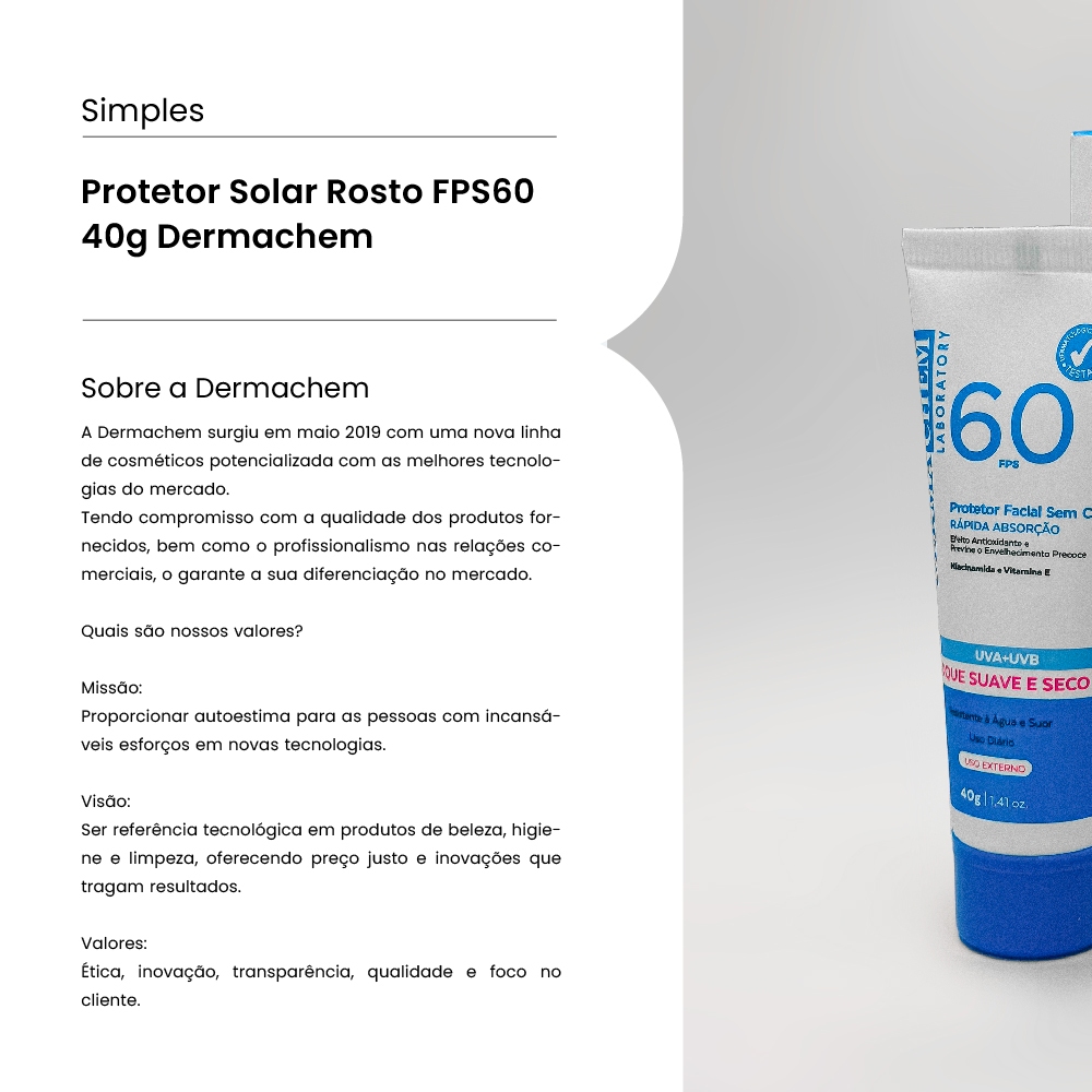 Protetor Solar Rosto FPS60 40g Dermachem | Shopee Brasil