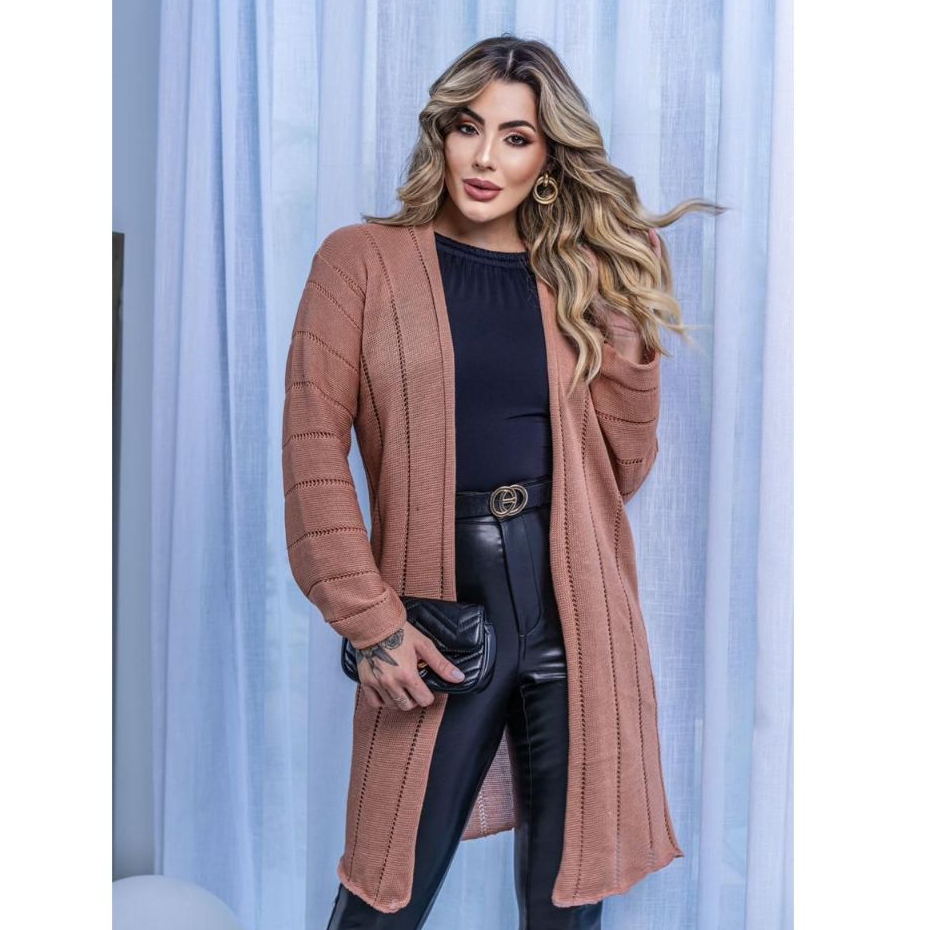 Cardigan Alongado Tricot Fino Manga Longa Moda Feminina