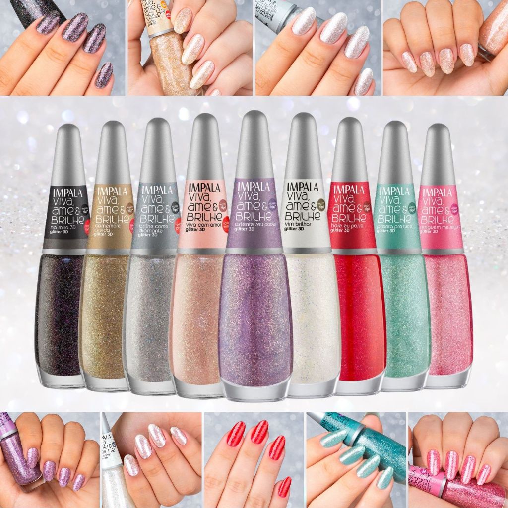 Kit 9 Esmalte Impala Glitter 3D Viva Ame Brilhe Novas Cores