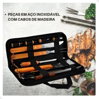 Kit Churrasco Inox Faca Garfo Pegador Espatula Amolador Chaira Churrasqueiro Facas