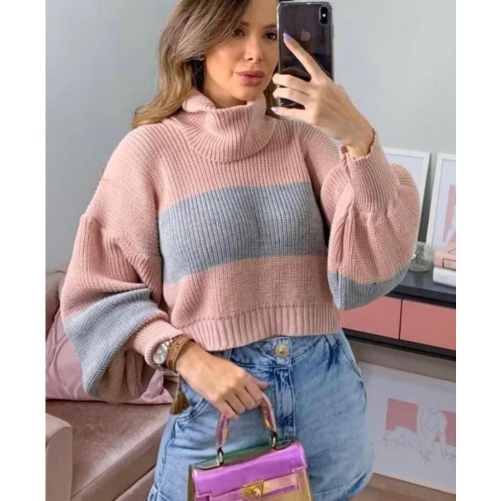 Blusa de Frio Feminina de Lã Gola Alta Tricot Manga Longa Bufante Fang ...