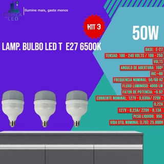 Kit 3 un Bulbo Led 50w Alta Potencia 6500K BIVOLT Branco Frio