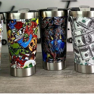 COPO TÉRMICO PERSONALIZADO 473ml PAREDE DUPLA COM TAMPA E ABRIDOR DÓLAR CAVEIRA MANDALA NOVIDADE IDÉIAS DE PRESENTE