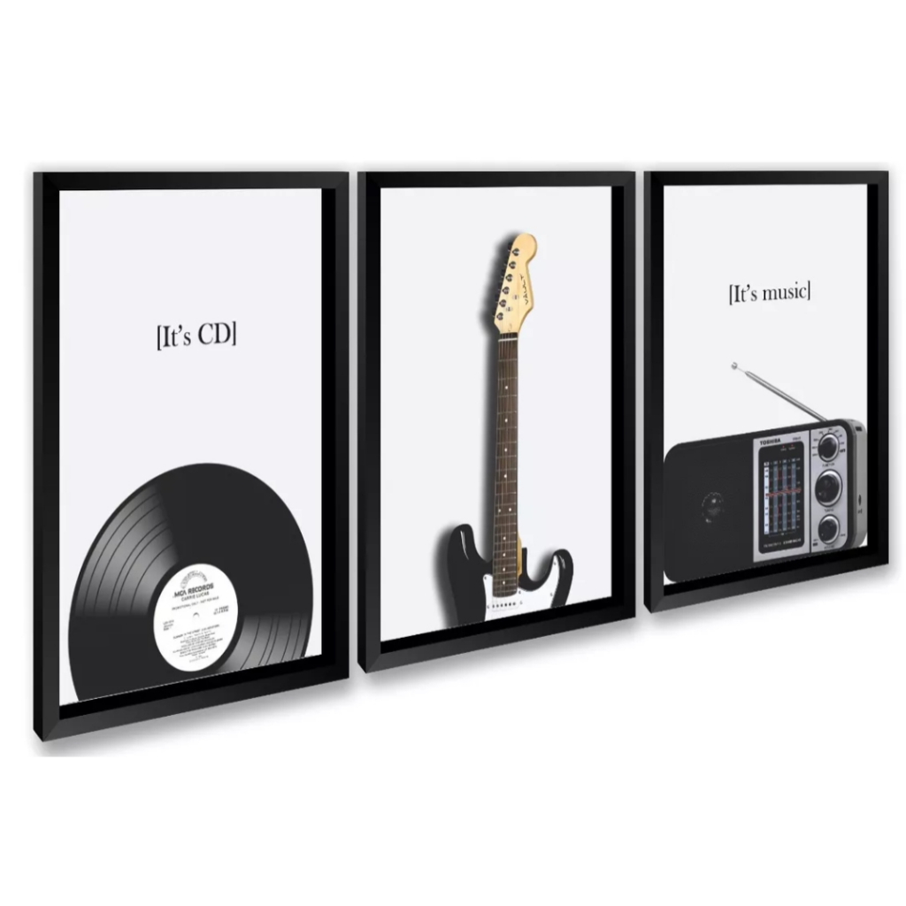 Quadro decorativo radio guitarra e disco de vinil musica arte black ...