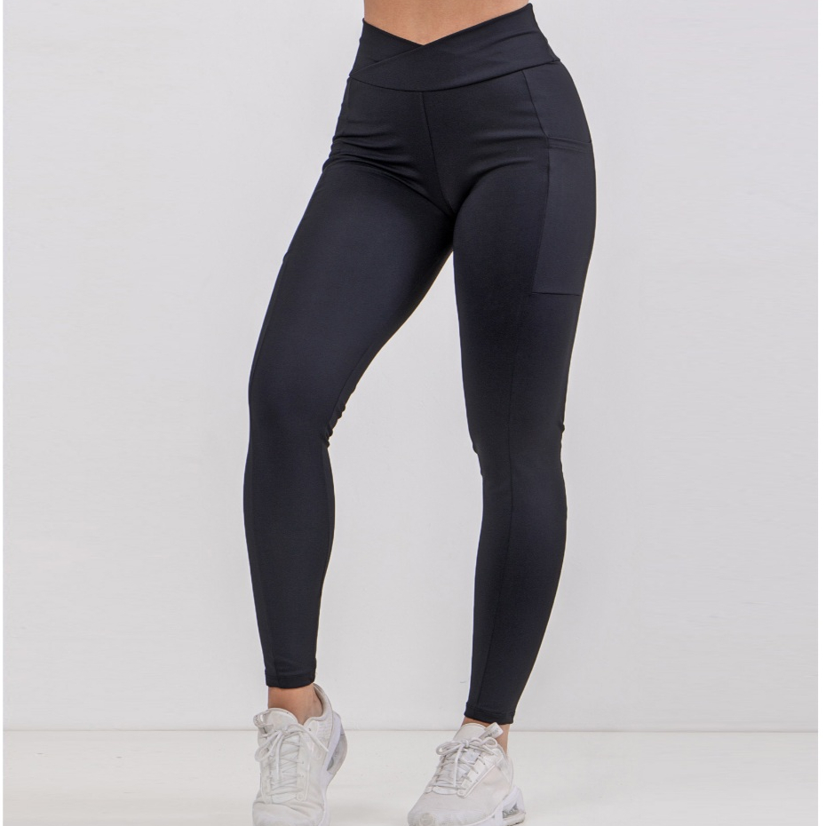 Calça Legging Fitness Cós Cruzado com Bolso Academia Poliamida