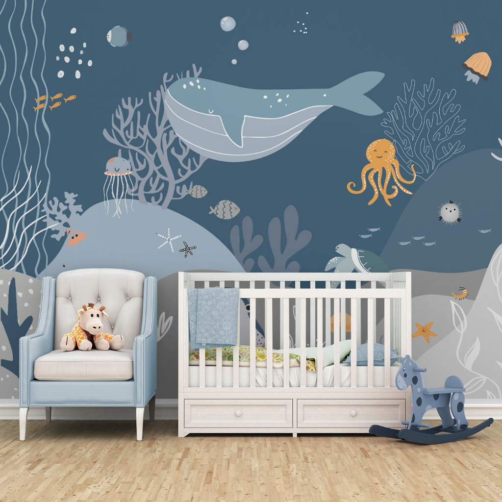 Papel de Parede Infantil Fundo do Mar Animais Marinhos Baleia Peixes ...