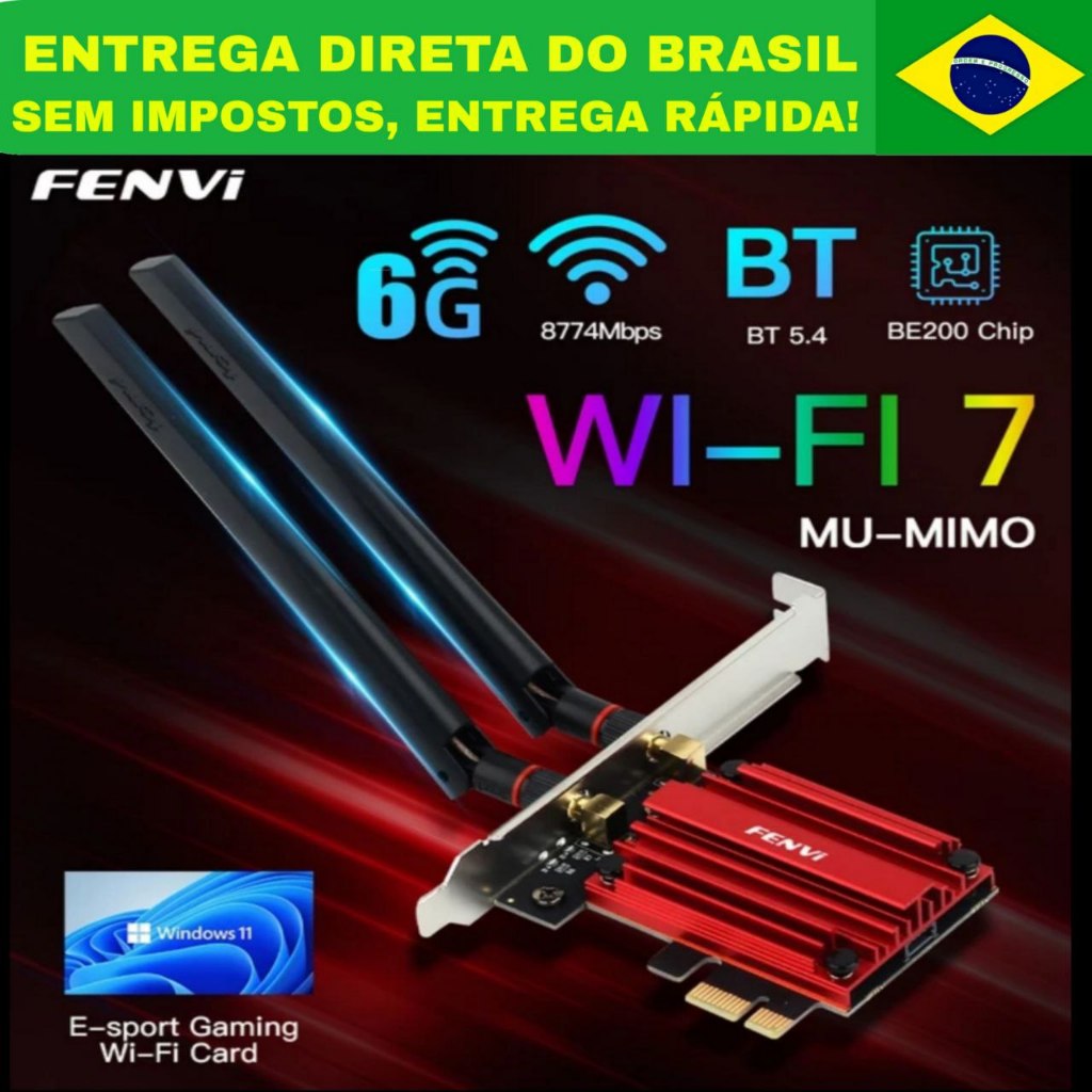 Placa Intel Fenvi Wifi 7,6,5 e Bluetooth 5.4 8774MBPS 2.4G, 5G e 6GHZ PCI Express Windows 7,8,10,11