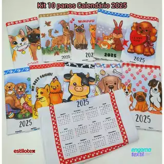 Pano de Prato Calendário 2025 - Kit com 10 unidades mistas - 01 de cada estampa - Marca Estilotex