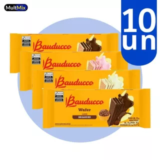 Kit 10 Unidades Wafer Bauducco Sabores Chocolate, Morango, Limão e Brigadeiro - 70g